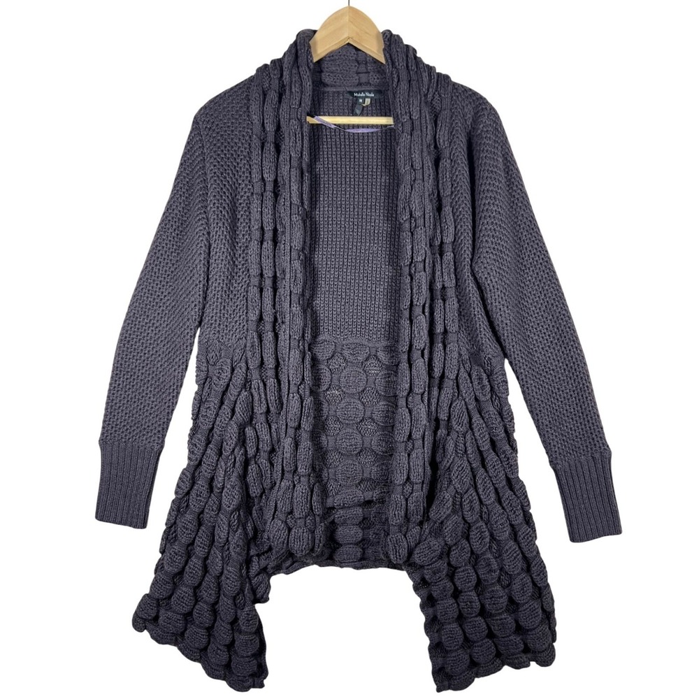 BOHO Knit Cardigan Open Front Textured‎ Cozy Purple Crochet Chunky Wool Blend M